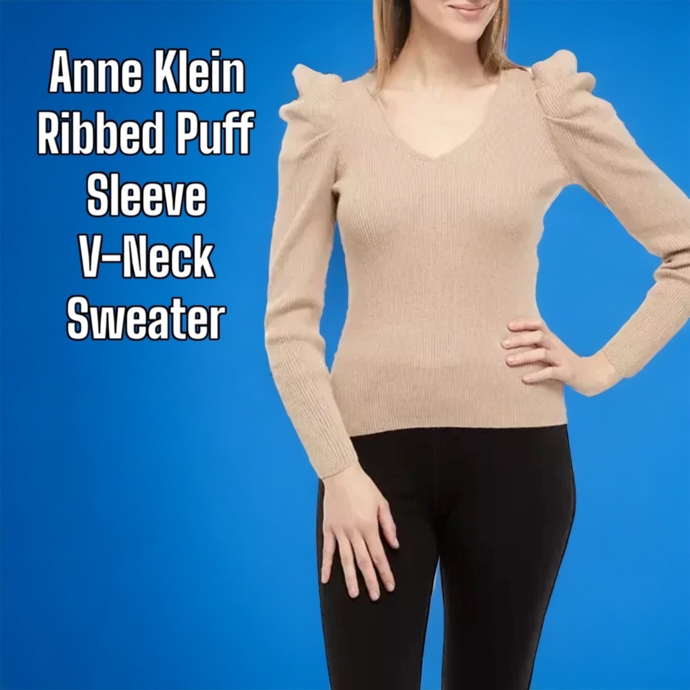 Anne Klein Ribbed Puff Sleeve V-Neck Sweater